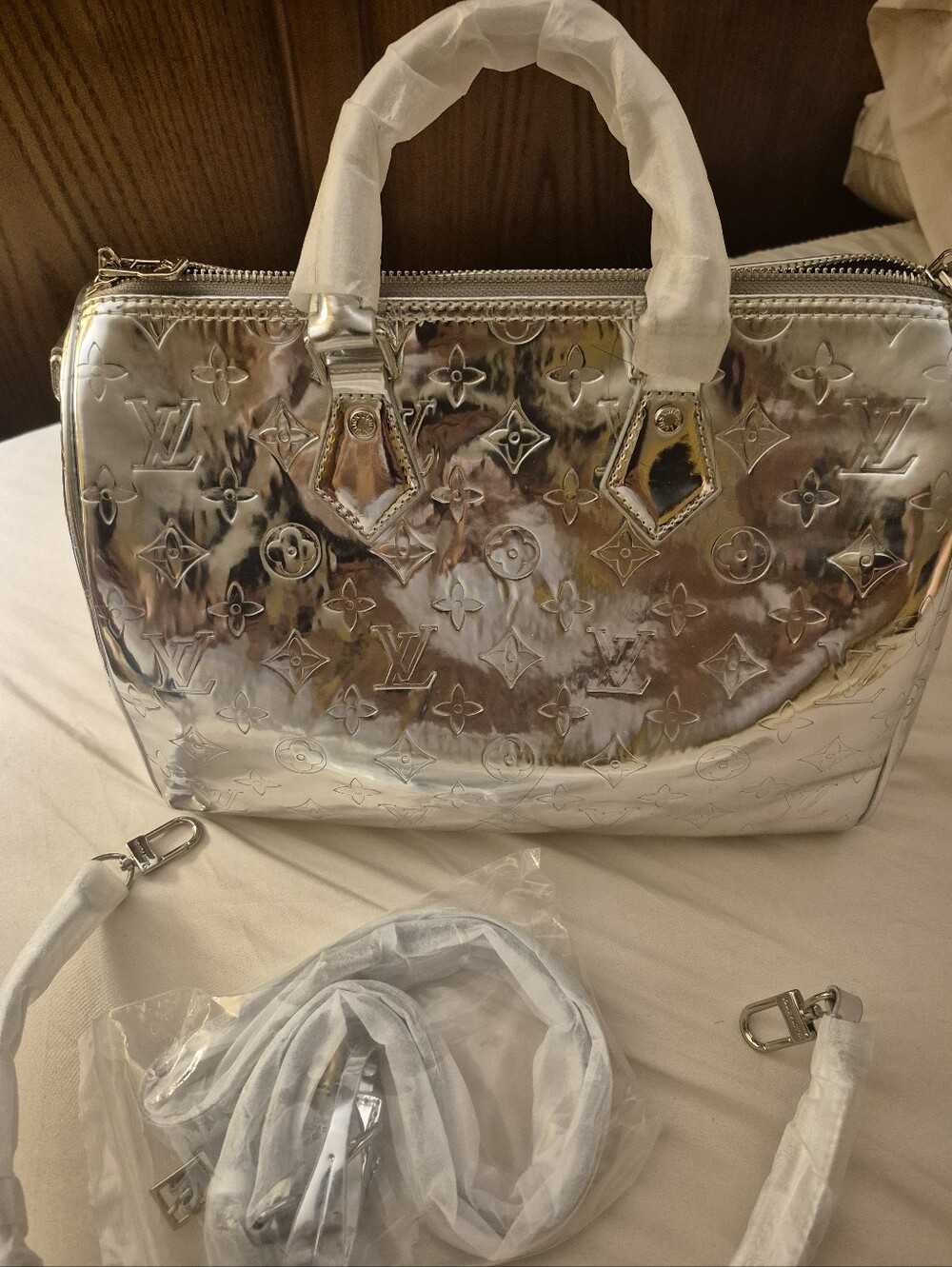Inspired  30 " Silver Monogram Patent Satchell